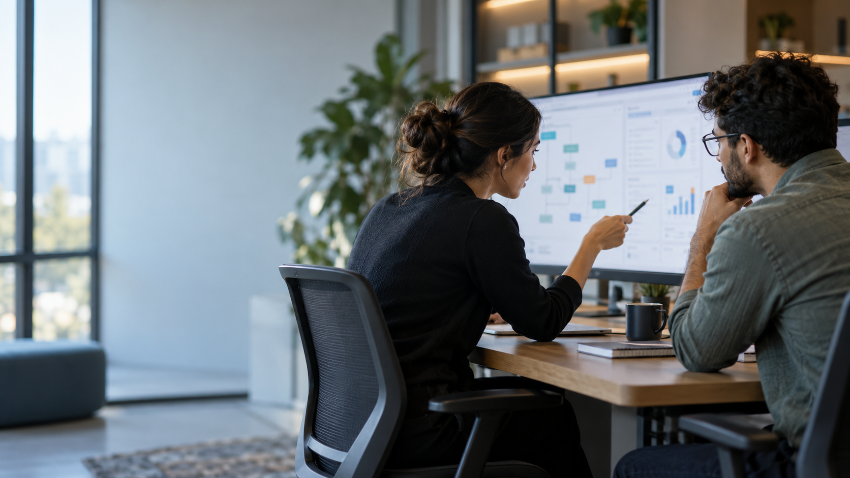 Technical team reviewing software architecture and workflow dashboards